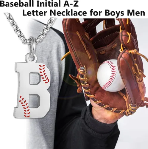 Miniatura 6 de Susook Collar con inicial de béisbol para niños, dije de letra A-Z, cadena de acero inoxidable de 22 + 2 pulgadas, regalo de béisbol personalizado