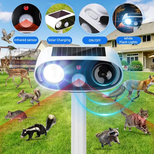 Miniatura 3 de Repelente solar ultrasónico de animales para exteriores, dispositivos repelentes de ciervos y gatos, paquete de 2 unidades, repelente ultrasónico