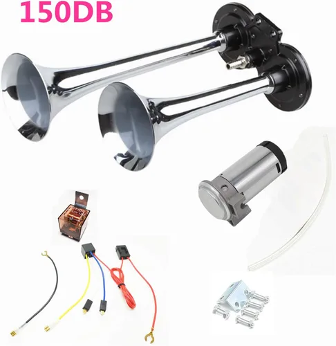 Miniatura 2 de Bocina de aire para coche, 12 V, 150 DB, trompeta, camión, bocina de aire, doble tubo, cromado, plateado, zinc, bocina de aire con compresor