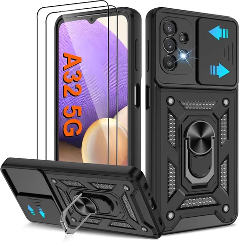 Miniatura 60 de ATUMP Funda para T-Mobile Revvl V Plus 5G con protector de pantalla HD con cubierta de cámara deslizante, soporte de anillo de rotación de 360° Negro