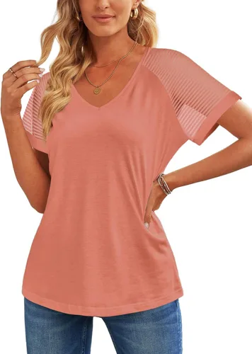 Miniatura 4 de WEESO - Camisetas informales con cuello en V para mujer, diseño elegante de manga corta con malla