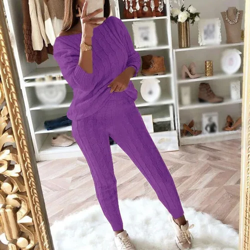 Miniatura 5 de Hugncmy Conjunto de pantalones de suéter de cuello redondo de color sólido para mujer