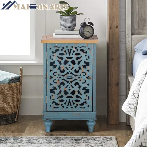 Miniatura 3 de MAISON ARTS Gabinete de Acento Pequeño con Una Puerta, Gabinete de Almacenamiento Calado Mesa Lateral Envejecida con Patas de Madera Sólida para Azul