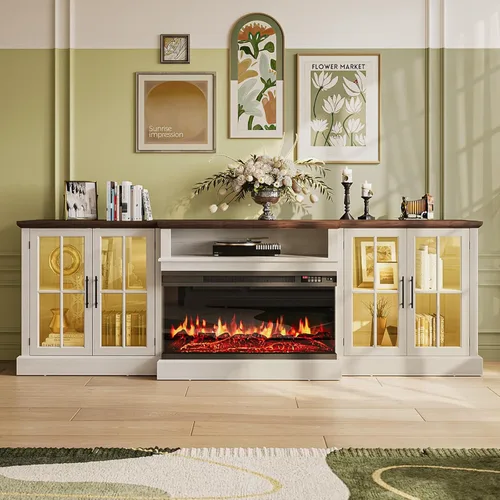 Miniatura 2 de Mueble de TV de estilo granja de 98" con chimenea de 36" para televisores de hasta 100", centro de entretenimiento multimedia con estantes Blanco