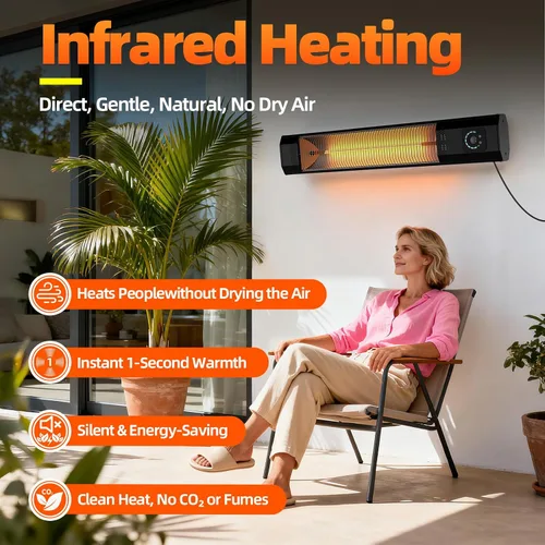 Miniatura 4 de Calentador eléctrico infrarrojo para patio de 34 pulgadas y 1500 W montado en la pared con control remoto y sensor de movimiento, 9 niveles