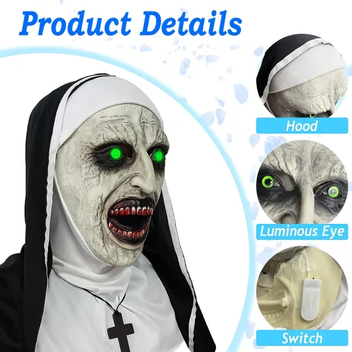 Miniatura 5 de Máscara de terror de monja 2024, máscara de disfraz de cabeza completa con collar de cruz para fiesta de Halloween