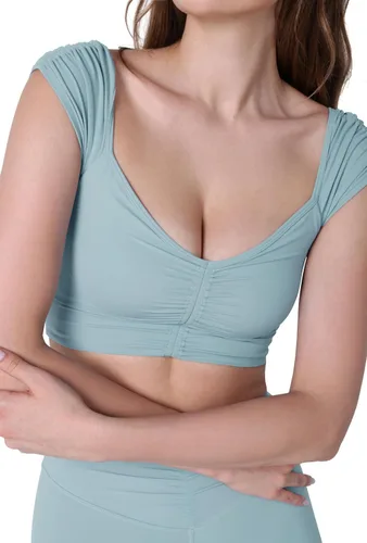Miniatura 41 de ODODOS Camiseta corta sin mangas con cuello en V y frente fruncido para mujer, recortada en la espalda, manga casquillo