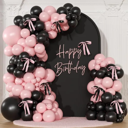 Miniatura 17 de Kit de arco de globos negro y arena blanca 141 piezas, decoraciones de cumpleaños coquetas incluyen globos y lazo negro para boda, baby shower
