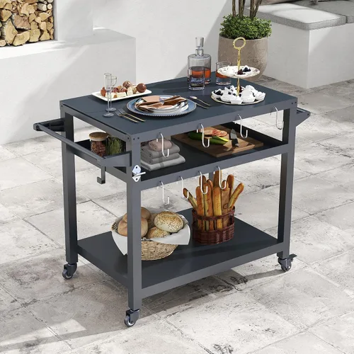 Miniatura 10 de Domi - Mesa de parrilla para exteriores de 3 estantes, carrito de parrilla con ruedas, horno de pizza al aire libre y mesa de preparación