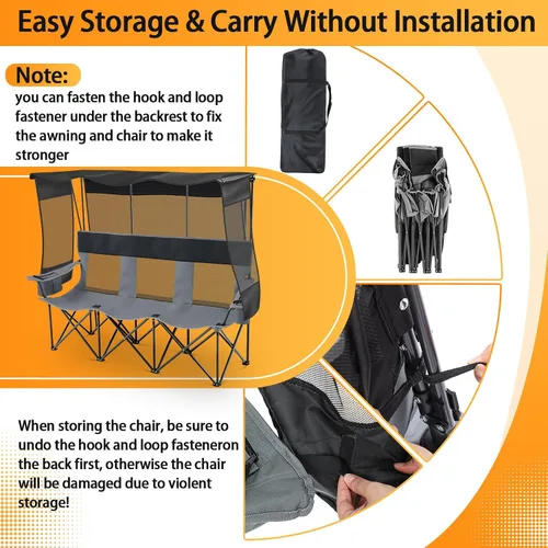 Miniatura 5 de Teenyyou Silla de camping para 3 personas con toldo – Silla de playa de gran tamaño con protección solar UV, sofá biplaza plegable de alta
