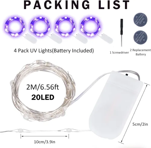 Miniatura 7 de Luces LED negras UV a pilas, paquete de 4 luces LED de 6.56 pies, 20 luces LED UV con cuentas flexibles de luz negra, luces de hadas moradas