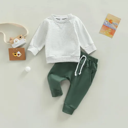 Miniatura 44 de Conjunto de 2 piezas de sudadera de manga larga con cuello redondo y pantalones casuales para bebés y niños pequeños