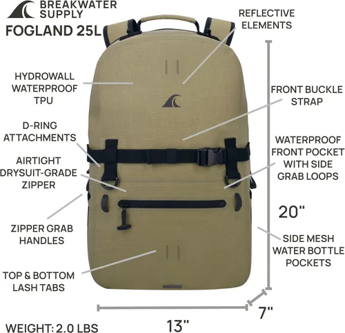 Miniatura 4 de Breakwater Supply™ Mochila impermeable IP68 sumergible con cierres herméticos Para portátil, viajes al aire libre Fogland 25L 20L 15L, 25 L