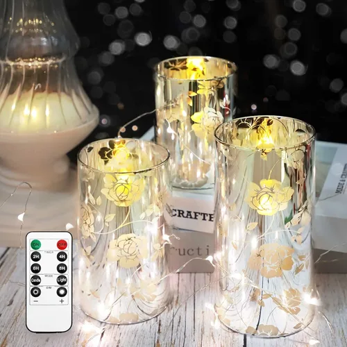 Miniatura 8 de Velas de Cristal Florales Sin Llama Rosa Románticas Operadas con Batería con Control Remoto Parpadeantes LED Plateadas Vela de Pilar de Cera Real