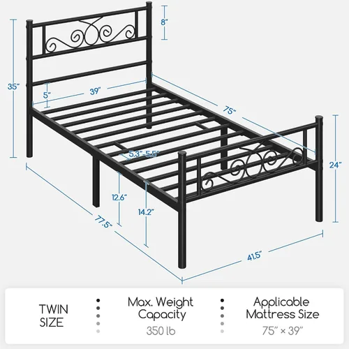 Miniatura 2 de Topeakmart Base de cama clásica de metal de 13 pulgadas con cabecero, base de colchón, plataforma de cama, base de cama con listones, tamaño Negro