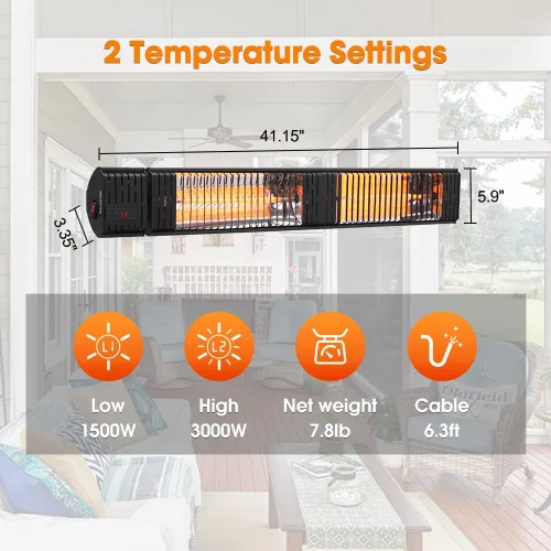 Miniatura 3 de ThermoMate - Calentador eléctrico infrarrojo para patio, 3000W de fibra de carbono para interiores y exteriores, porche, terraza, garaje con control