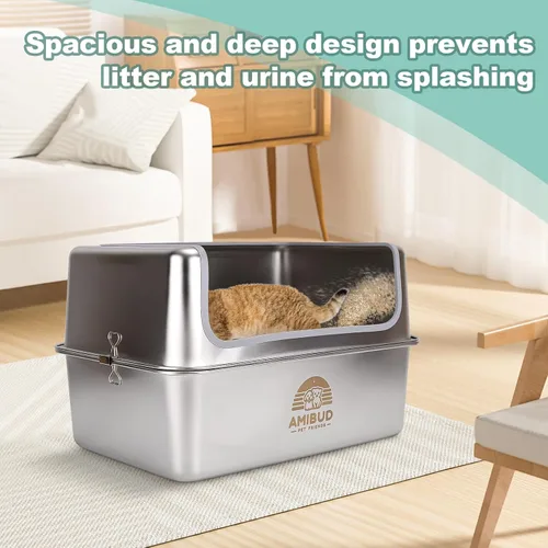 Miniatura 4 de Cajas de arena de acero inoxidable para gatos con tapa de metal, bandeja grande de arena para gatos con recinto de pared alta - Libre de olores
