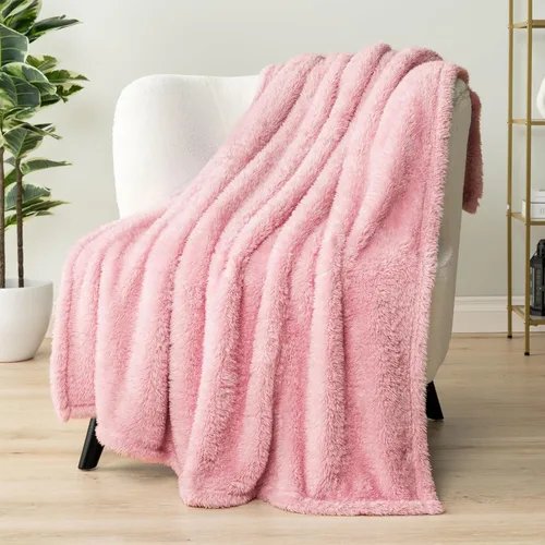PAVILIA Manta de sherpa para sofá, manta de felpa cálida y esponjosa rosa claro para cama, acogedora manta súper suave y ligera, manta decorativa