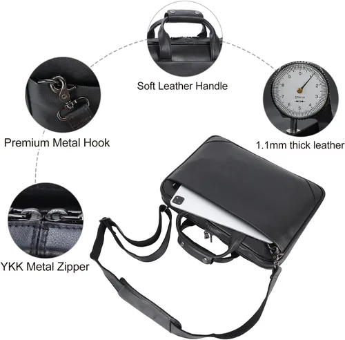 Miniatura 6 de Maletín delgado de cuero para hombres de 14 a 16 pulgadas, bolso cruzado para computadora portátil, bolsa de mensajero de trabajo de negocios