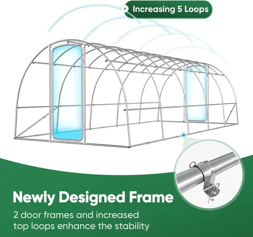Miniatura 5 de Quictent Invernadero prémium de 25 x 10 x 6.6 pies para exteriores con 2 marcos de puerta, estructura superior reforzada y cubierta, gran aro