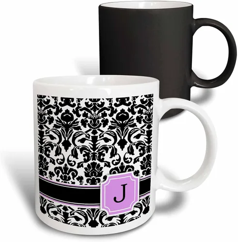 Miniatura 13 de 3dRose Letra personalizada con diseño de damasco blanco y negro con monograma, inicial personal en J - Taza negra de dos tonos, 11 onzas, 11 onzas