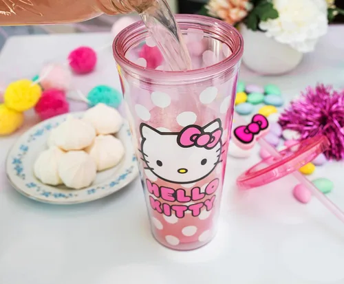 Miniatura 6 de Silver Buffalo Sanrio Hello Kitty Bow Pink Polka Dots - Vaso frío de plástico con tapa y tapa con pajita, 24 onzas Lazo Hello Kitty y lunares rosados