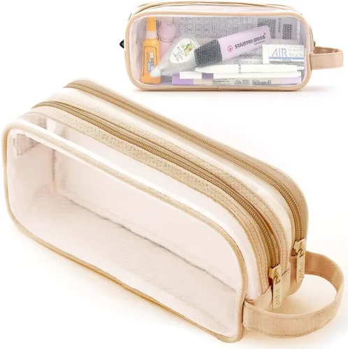 Miniatura 10 de Estuche grande de malla de malla con 2 compartimentos, bolsa transparente para lápices con cremallera, bolsa de papelería transparente multifunción