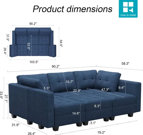 Miniatura 2 de Belffin Sofá Seccional Modular con Almacenamiento Sofá Cama Seccional Modular para Sala de Estar Azul