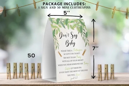 Miniatura 2 de Juego de texto en inglés "Don't Say Baby", un letrero de 5 x 7 pulgadas y 50 mini pinzas para la ropa, juegos de baby shower, decoración de baby