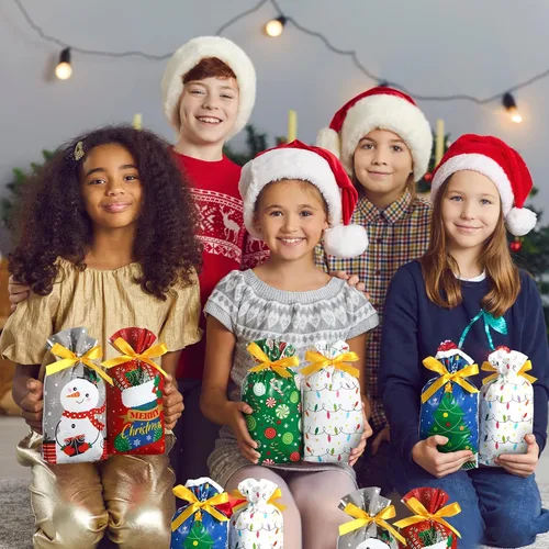 Miniatura 4 de Funrous 50 bolsas de Navidad con cordón, bolsas de regalo de plástico con cordón para Navidad, bolsas de dulces de Navidad para fiesta