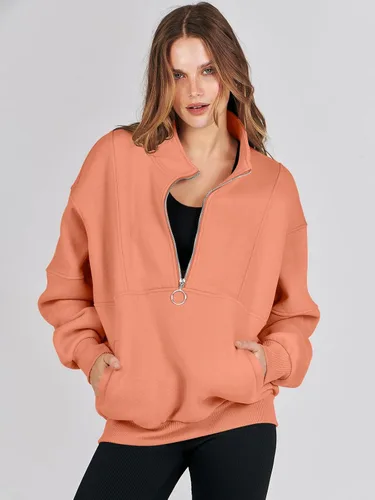 Miniatura 6 de ANRABESS Sudaderas de forro polar con media cremallera para mujer, de gran tamaño, con cremallera de un cuarto, ropa de moda para otoño de 2024
