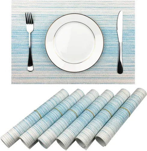 Miniatura 16 de Mantel individual de vinilo tejido duradero, lavable, resistente al calor, antideslizante, para cocina, comedor (juego de 4, azul con blanco)
