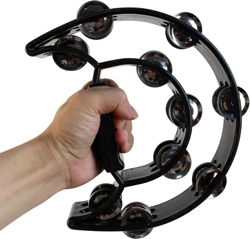 Miniatura 6 de YMC Pandereta de doble fila TAM20-BLACK - Jingles de metal, mango ergonómico de percusión de mano