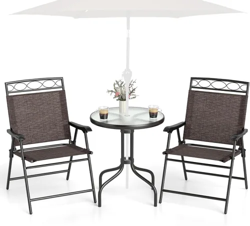 HAPPYGRILL Juego de comedor de patio de 3 piezas con mesa redonda de cristal, sillas plegables, juego de mesa de sillas al aire libre con agujero