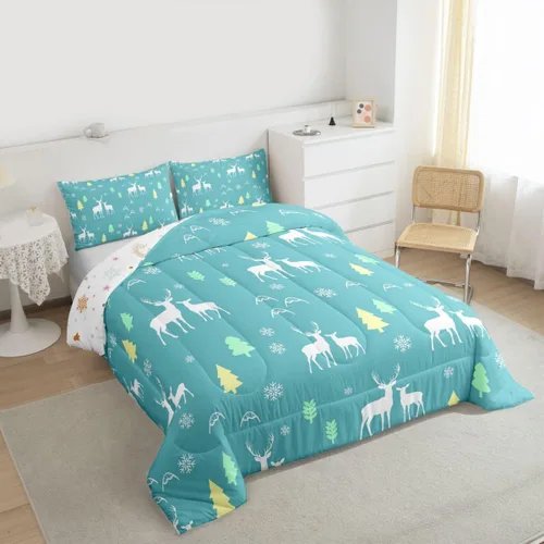 Miniatura 4 de Erosebridal Juego de edredón de Feliz Navidad, juego de ropa de cama para niños, ciervos, cuernos de alce, ciervo, tamaño individual