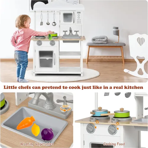 Miniatura 2 de Costzon Juego de cocina para niños, juego de cocina de juguete de madera con fregadero, horno, microondas, estufa, ollas, utensilios, cocina