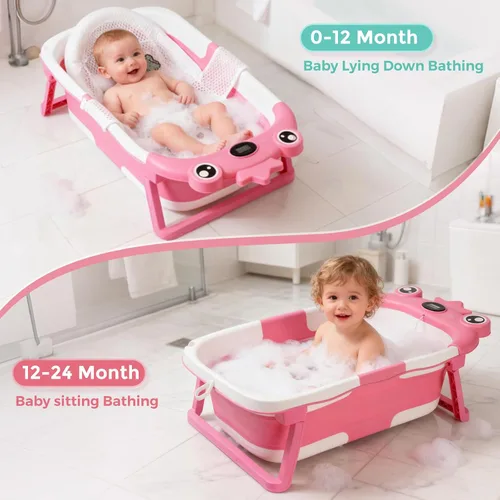 Miniatura 2 de Bañera para bebé, bañera plegable para bebé con cojín suave y termómetro, que ahorra espacio, plegable y de viaje, bañera para recién nacidos hasta