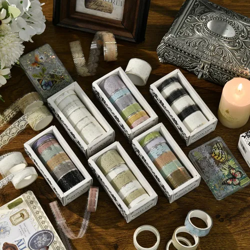 Miniatura 7 de 6 rollos de cintas de PET con patrones de encaje de artes florales, juego de cintas decorativas adhesivas transparentes de enmascarar para Suave