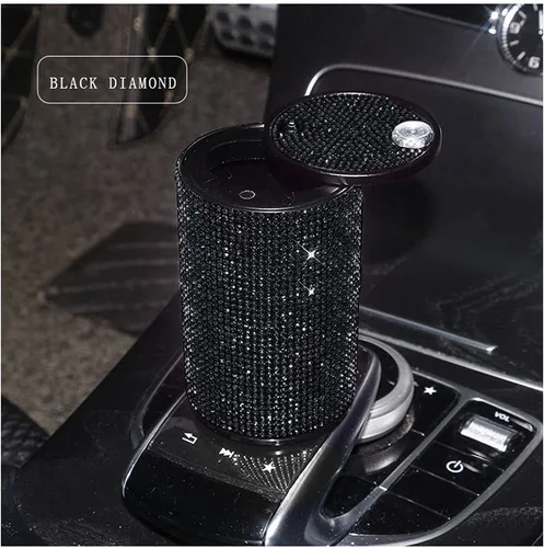 Miniatura 4 de Cenicero portátil con tapa, a prueba de olores, cenicero de automóvil de diamantes de cristal para mujeres, mini bote de basura ideal para Negro