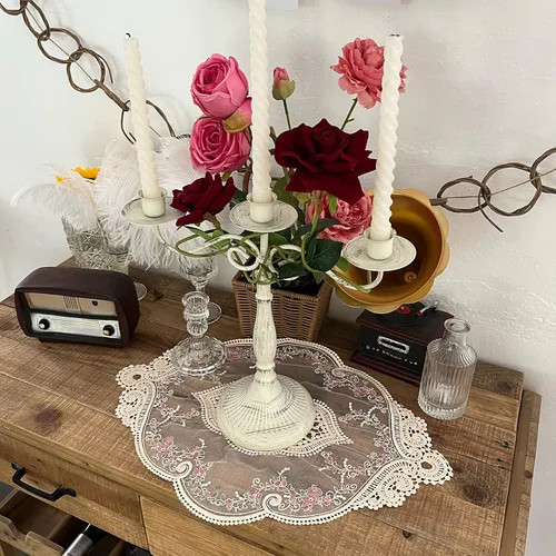 Miniatura 5 de Paquete de 2 manteles individuales ovalados vintage de encaje, exquisitos manteles individuales bordados de flores, 12 x 18 pulgadas (beige)