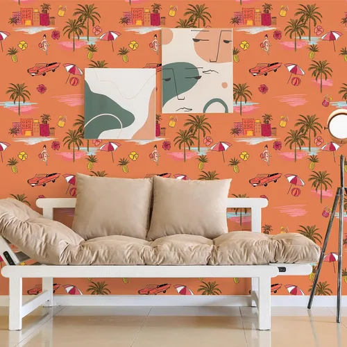 Miniatura 5 de VEELIKE Orange Island - Papel tapiz autoadhesivo para despegar y pegar, dibujado a mano, palmeras de playa de verano, papel tapiz extraíble, 17.7 x