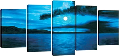 Wieco Art Arte moderno de 5 piezas de lienzo Giclée envuelto en azul oscuro, océano, blanco, sol, arte de pared para sala de estar, dormitorio,