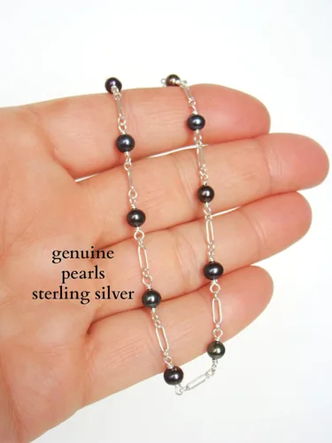 Miniatura 3 de Genuine Black Pearl Sterling Silver Anklet: handmade, dainty, adjustable length 9-10 inches