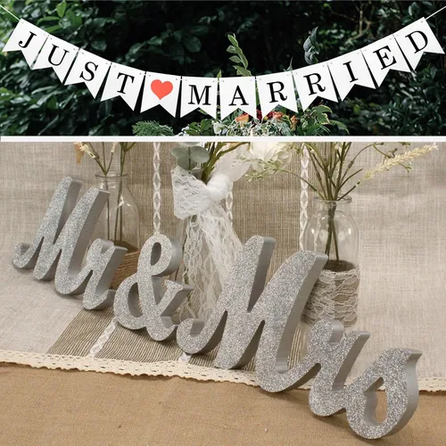 Miniatura 8 de Letras de madera y pancarta para boda - Just Married & Mr. & Ms. Decoración - Oro champán