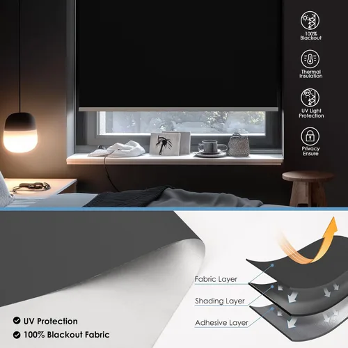 Miniatura 2 de Persianas enrollables opacas motorizadas inteligentes con control remoto y panel solar, persianas eléctricas inalámbricas, USB-C recargable, Negro
