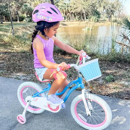 Miniatura 11 de RoyalBaby Stargirl - Bicicleta infantil de 14 pulgadas para niñas con ruedas de entrenamiento y canasta, color azul [4] Azul cielo