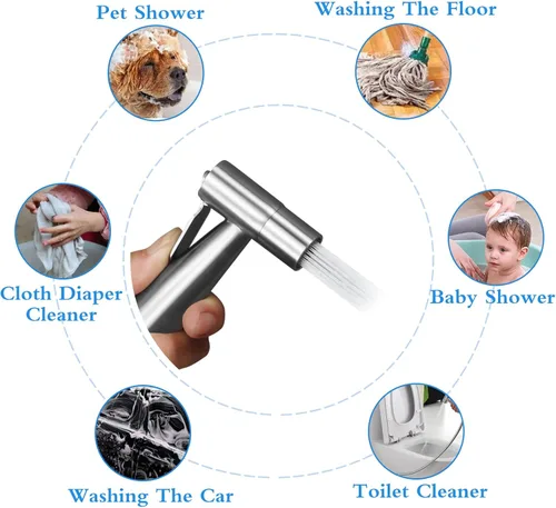 Miniatura 3 de Ikaufen Pulverizador de bidé de mano para inodoro, control de presión de agua ajustable, accesorio de manguera de bidé para baño, rociador de ducha