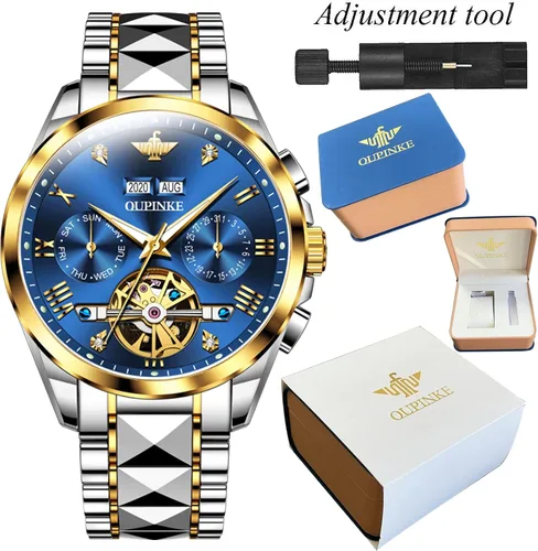 Miniatura 4 de OLEVS Relojes automáticos de esqueleto mecánico para hombres, 5ATM, impermeables, de tungsteno, acero inoxidable, cuerda automática, para hombre