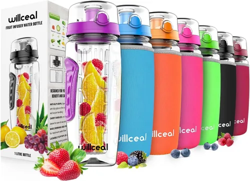 Botella de agua con infusor de frutas de 32 onzas, duradera, grande, sin BPA, Tritan con tapa abatible, diseño a prueba de fugas, deportes, camping