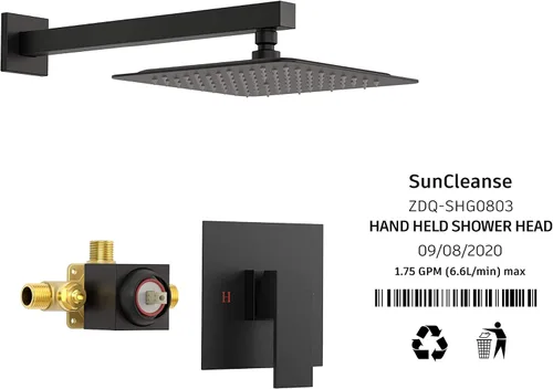 Miniatura 9 de SunCleanse Juego de grifo de ducha color negro mate con válvula, sistema de ducha de baño que incluye cabezal de ducha de acero inoxidable y brazo